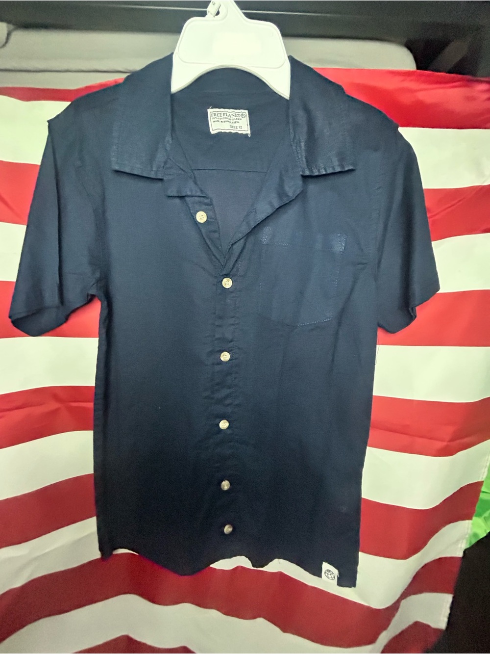 Free Planet Navy Short Sleeve Button Down Camp Shirt